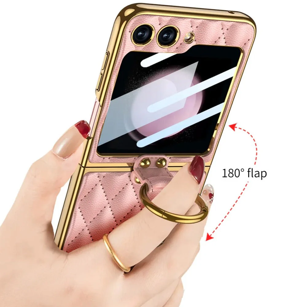 Galaxy Z Flip5 Elegant Leather Ring Support Case - Image 11