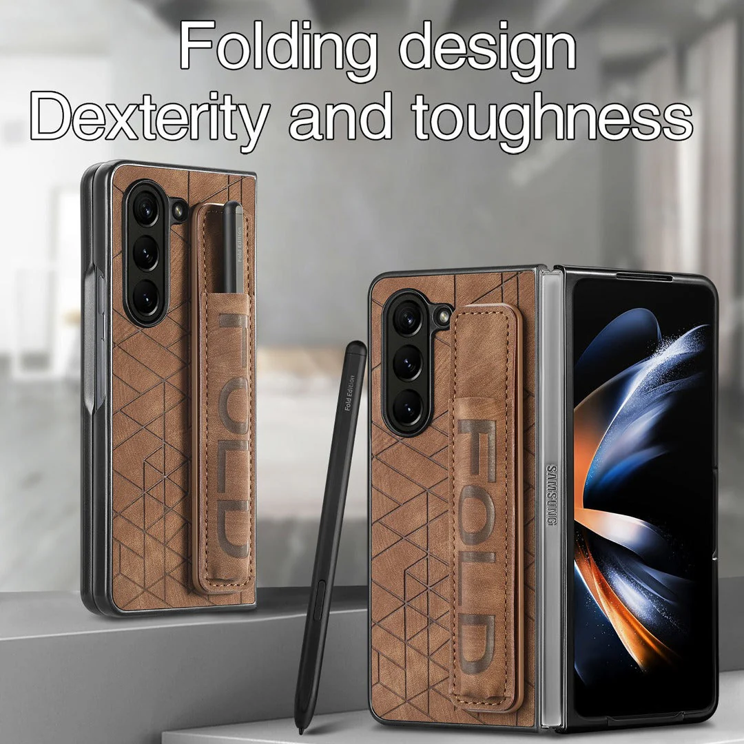 Galaxy Z Fold5 Elegant Leather Wristband & Pen Holder Case - Image 10