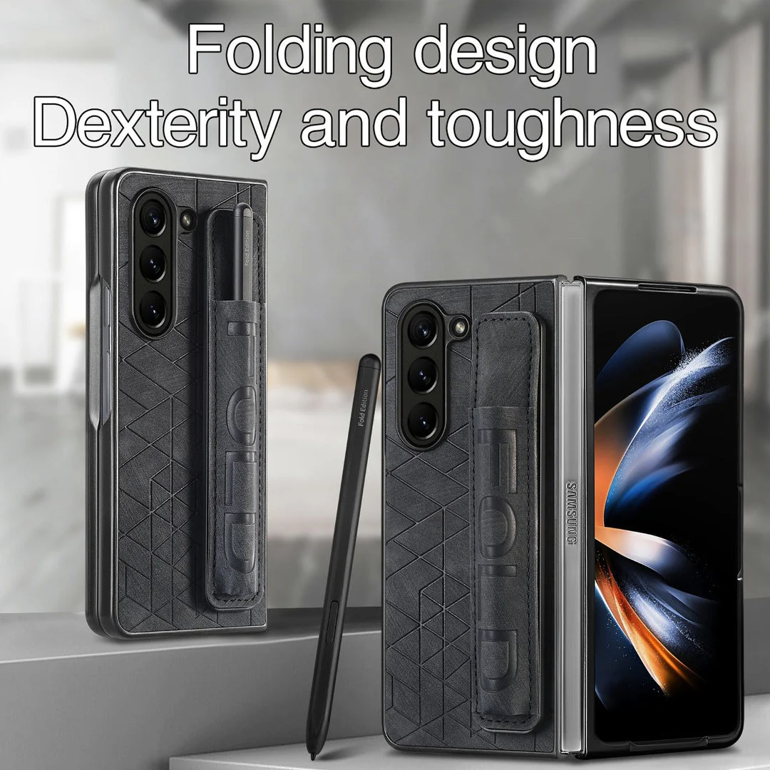 Galaxy Z Fold5 Elegant Leather Wristband & Pen Holder Case - Image 14