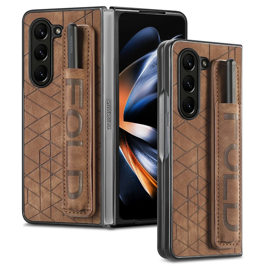 Galaxy Z Fold5 Elegant Leather Wristband & Pen Holder Case - Image 6