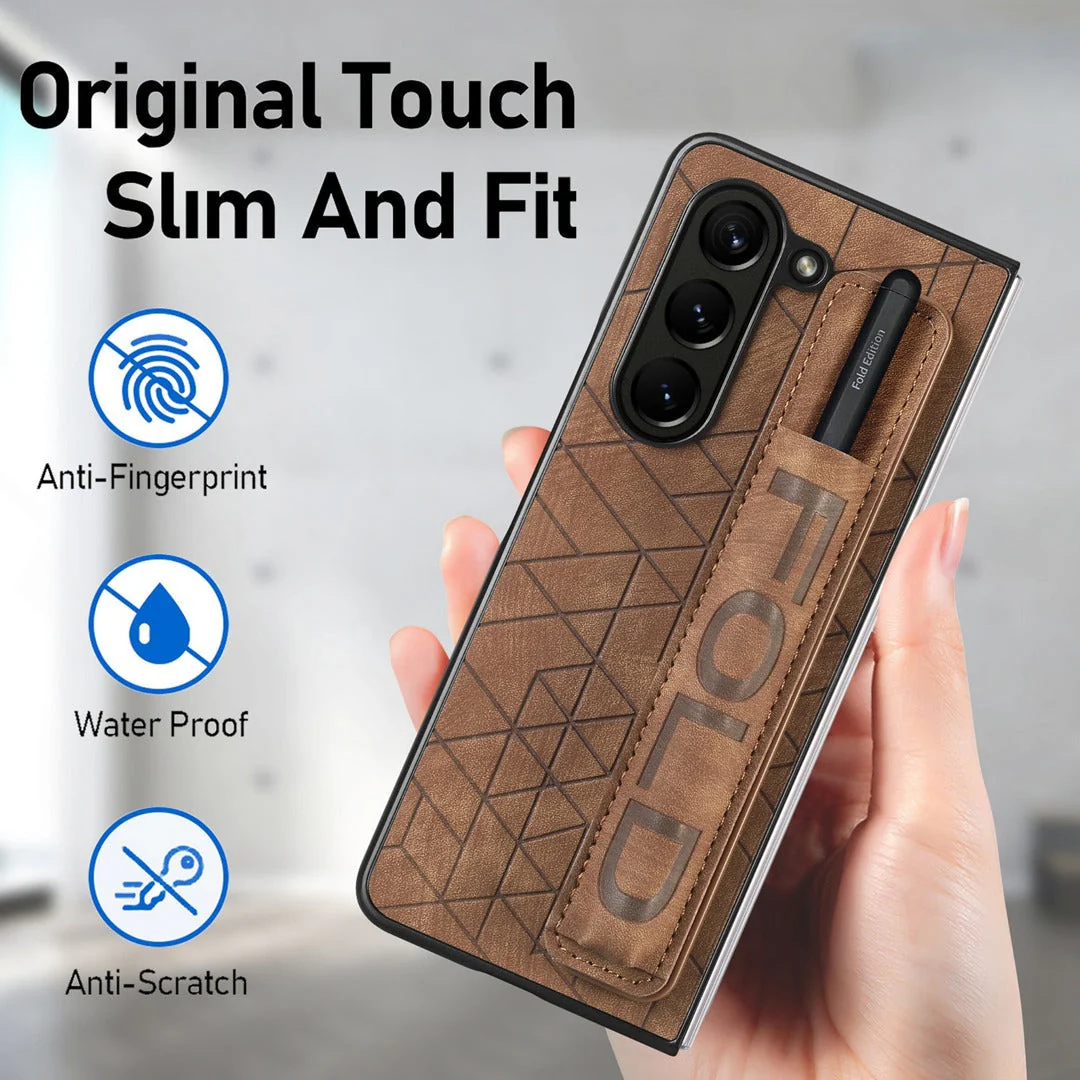 Galaxy Z Fold5 Elegant Leather Wristband & Pen Holder Case - Image 8