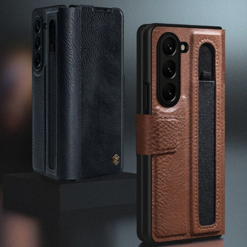 Galaxy Z Fold5 Genuine Leather Flip Case with Pen Slot - Image 2