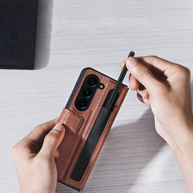 Galaxy Z Fold5 Genuine Leather Flip Case with Pen Slot - Image 3