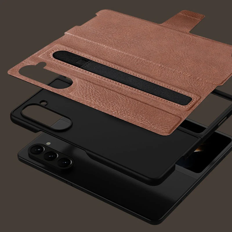 Galaxy Z Fold5 Genuine Leather Flip Case with Pen Slot - Image 5