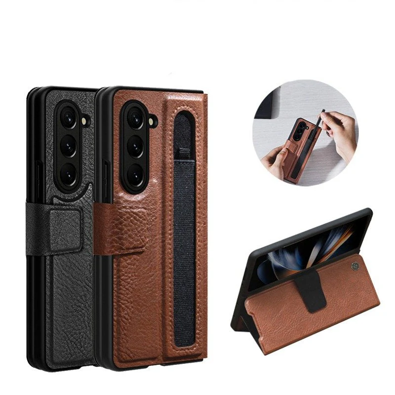 Galaxy Z Fold5 Genuine Leather Flip Case with Pen Slot - Image 6