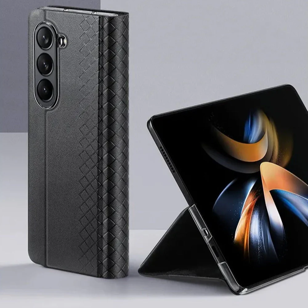 Galaxy Z Fold5 Luxury Lattice Leather Hinge Protection Case - Image 2