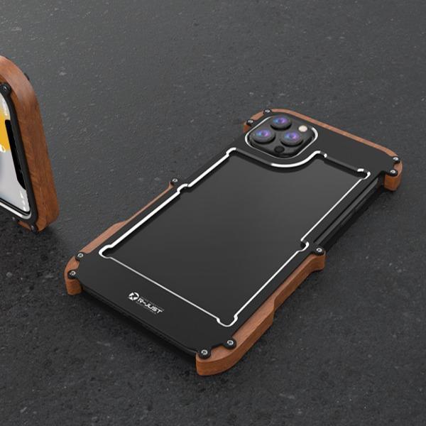 iPhone 13 Pro R-Just Aluminium & Natural Wood Anti-shock Bumper Case - Image 4