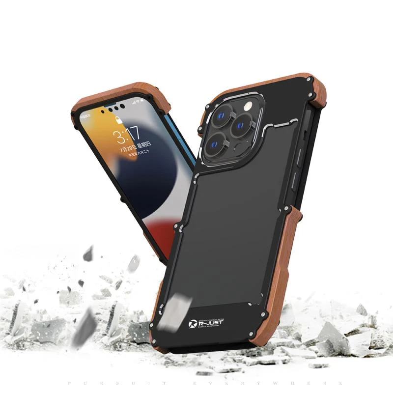 iPhone 13 Pro R-Just Aluminium & Natural Wood Anti-shock Bumper Case - Image 9