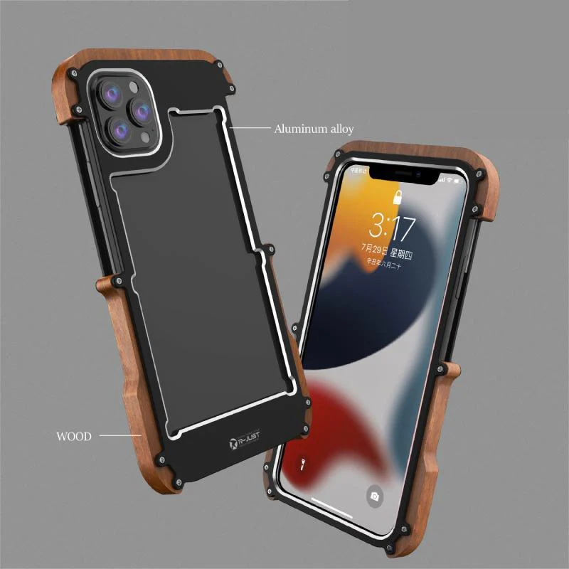 iPhone 13 R-Just Aluminium & Natural Wood Anti-shock Bumper Case - Image 4