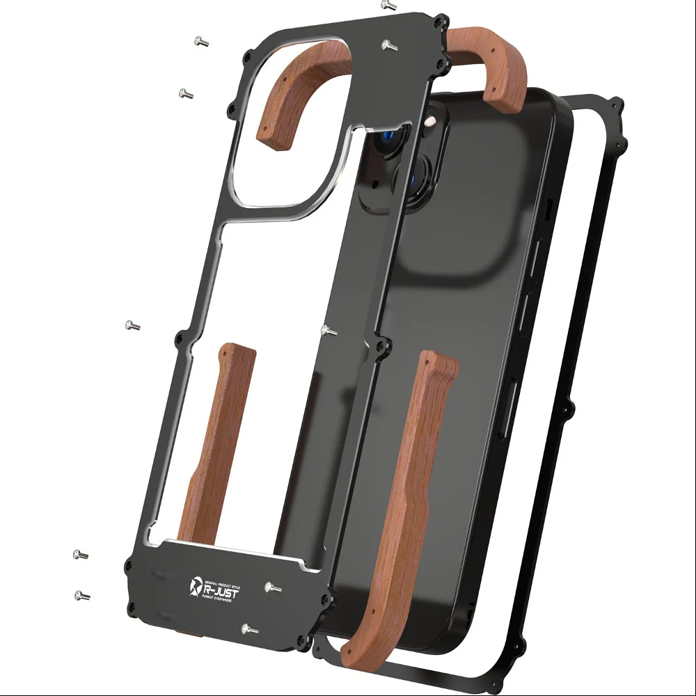 iPhone 13 Series R-Just Aluminium & Natural Wood Anti-shock Bumper Case - Image 11