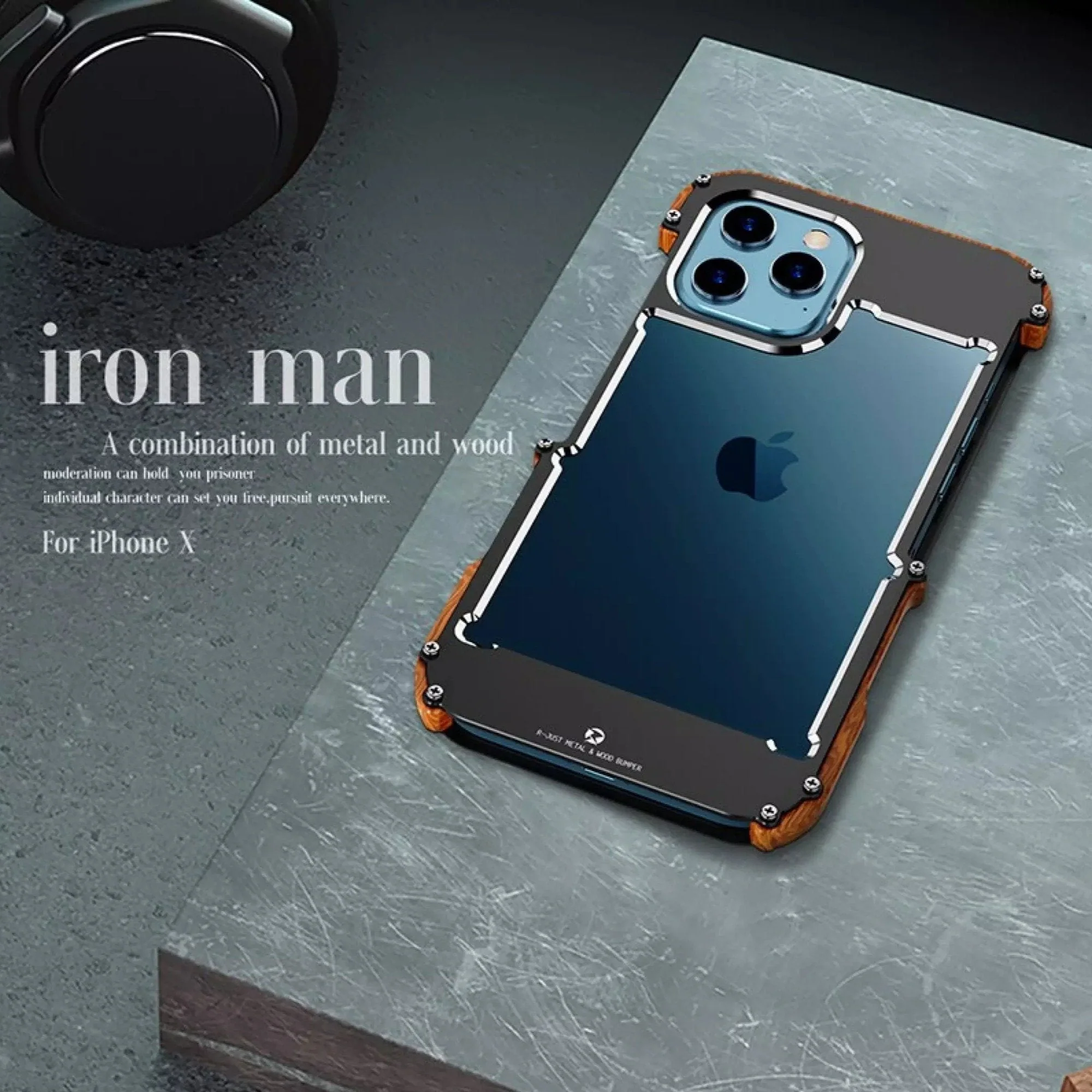 iPhone 13 Series R-Just Aluminium & Natural Wood Anti-shock Bumper Case - Image 3