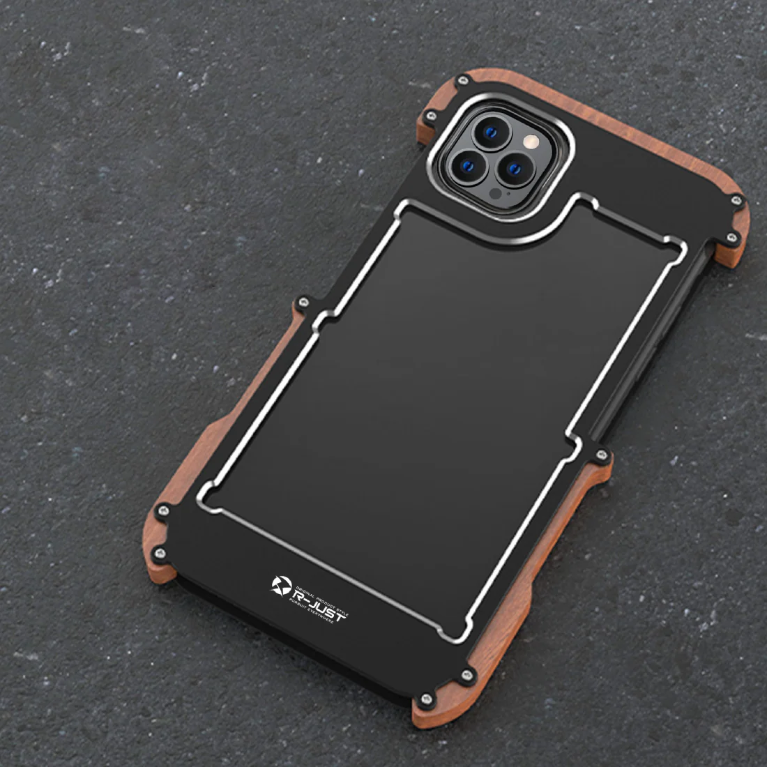 iPhone 13 Series R-Just Aluminium & Natural Wood Anti-shock Bumper Case - Image 4