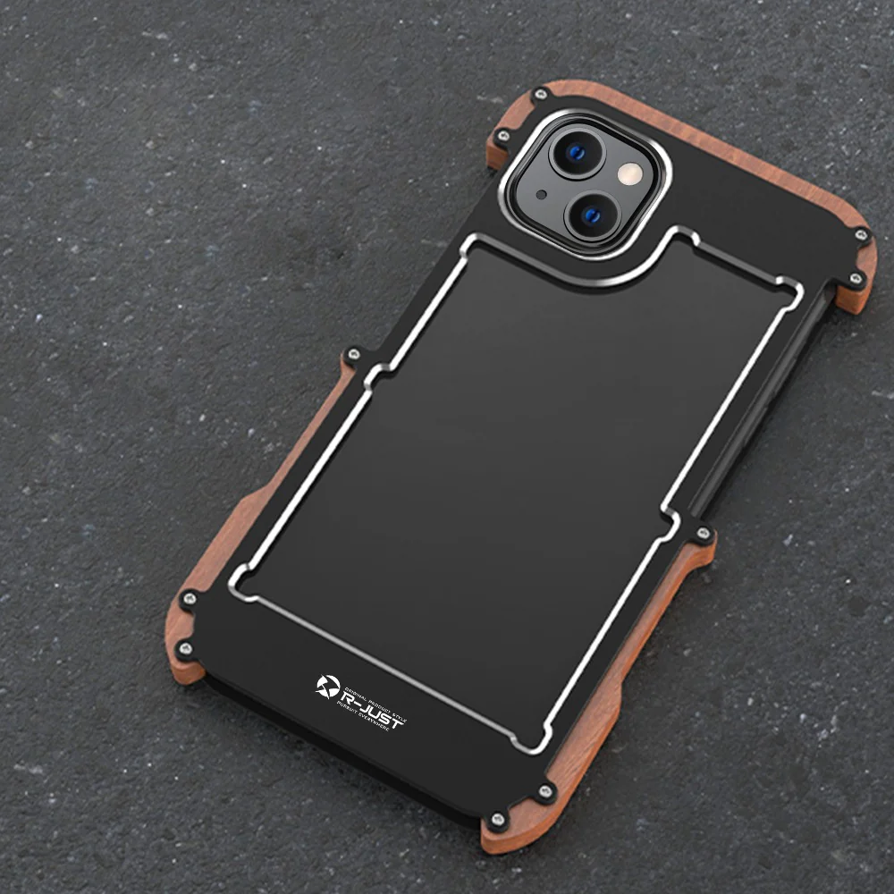 iPhone 13 Series R-Just Aluminium & Natural Wood Anti-shock Bumper Case - Image 5