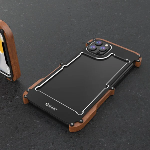iPhone 13 Series R-Just Aluminium & Natural Wood Anti-shock Bumper Case - Image 7