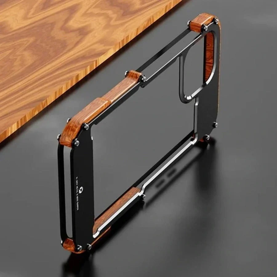 iPhone 14 Series R-Just Aluminium Natural Wood Anti Shock Bumper Case - Image 4