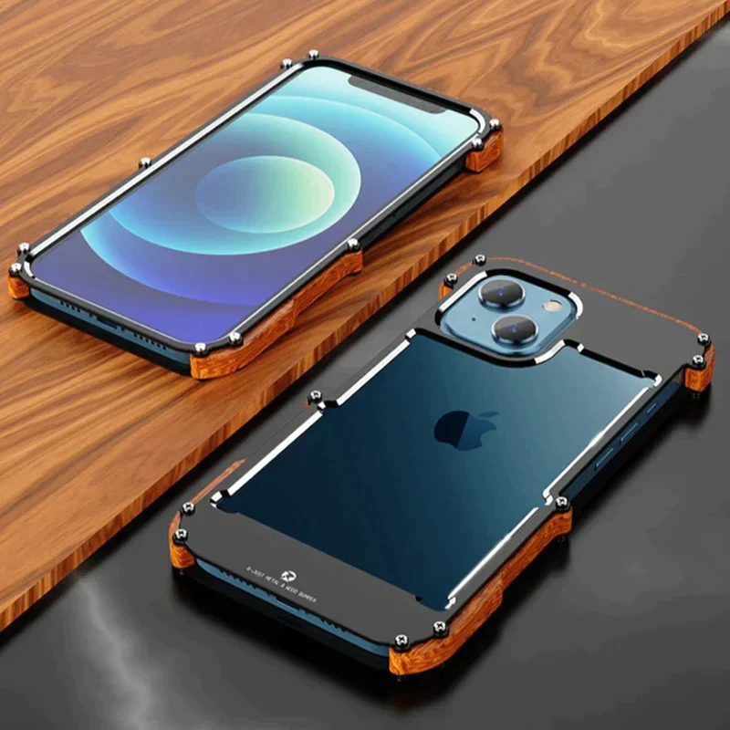 iPhone 15 Series R-Just Aluminium Natural Wood Anti Shock Bumper Case - Image 14