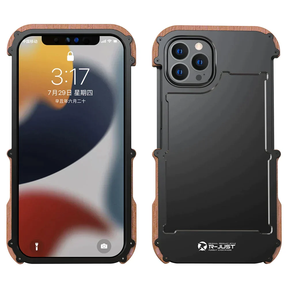 iPhone 15 Series R-Just Aluminium Natural Wood Anti Shock Bumper Case - Image 4