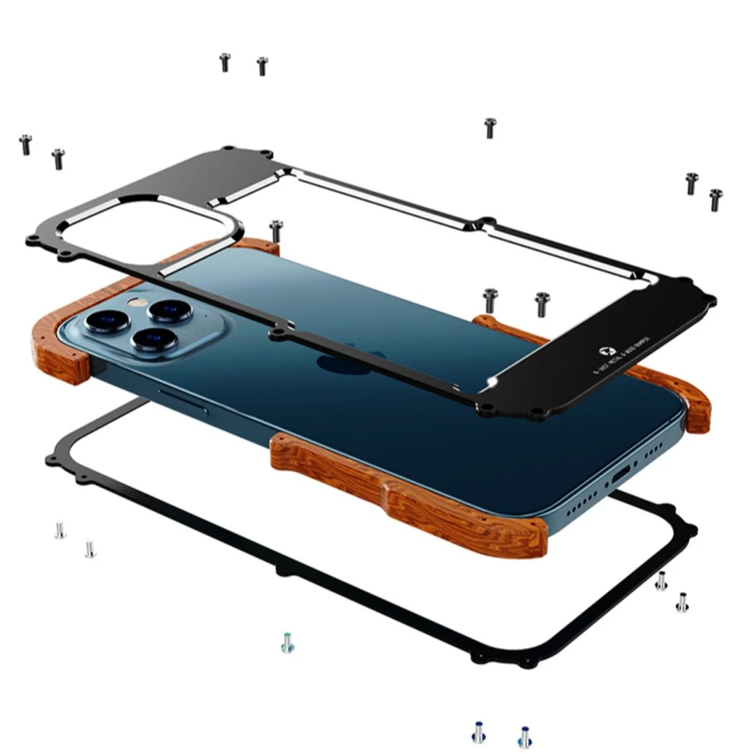 iPhone 15 Series R-Just Aluminium Natural Wood Anti Shock Bumper Case - Image 6