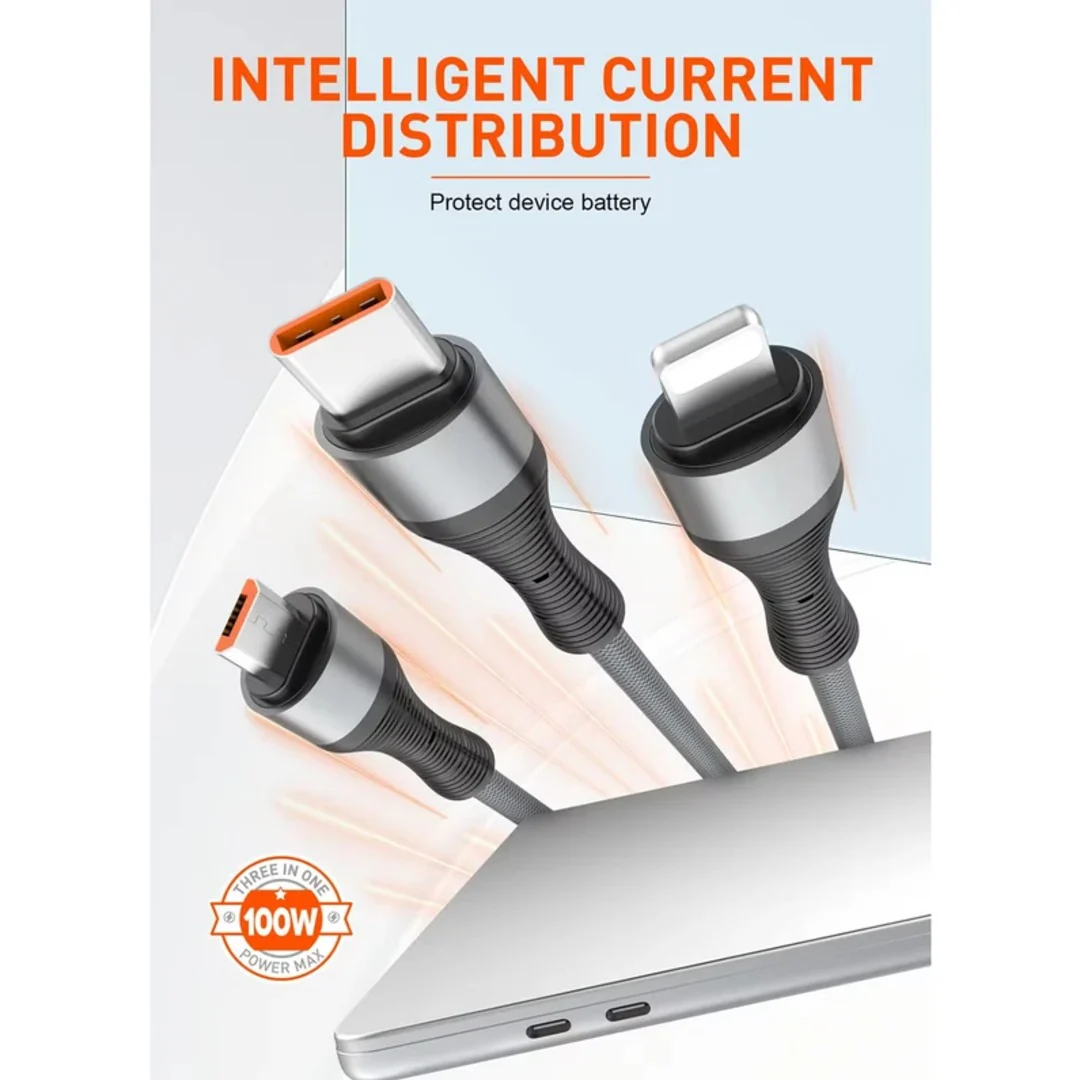 LDNIO 100W Turbo 3 In 1 Multi Connector Fast Charge Cable - Image 5