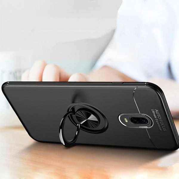 OnePlus 6T (3 in 1 Combo) Metallic Ring Holder Case + Tempered Glass + Earphones - Image 3